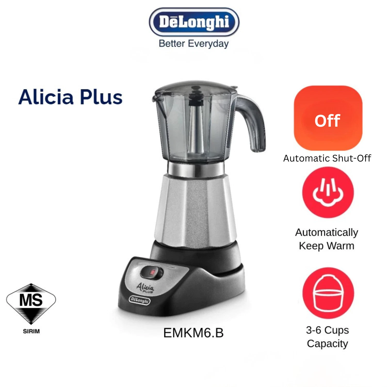 DeLonghi Alicia EMKM6.B Moka Espresso Maker 3–6 Cups Auto Shut-Off Warm