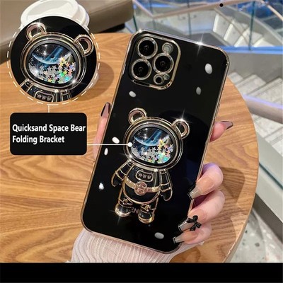 For Various Phone Quicksand Space Bear Holder Case Lovely Cartoon Bracket Cover