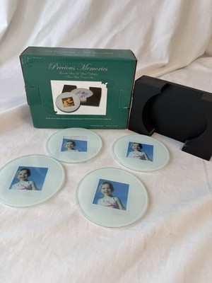 NEW Precious Memories 5-piece Glass PHOTO Coaster Set W/storage Rack. READ