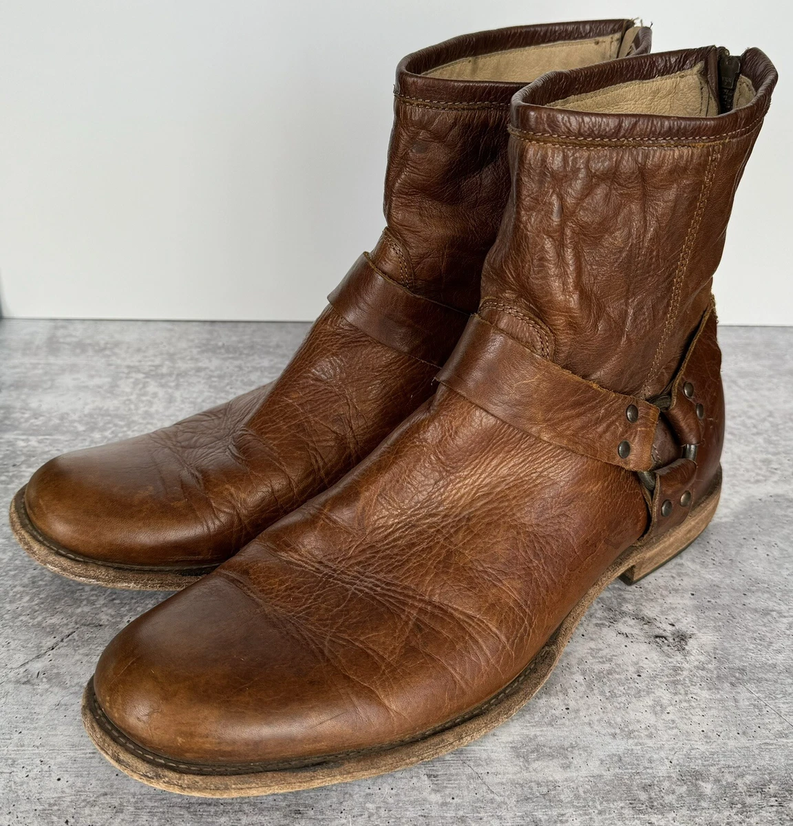 Frye Phillip Harness Rear Zip Leather Short Boot Brown Cognac Mens 11 D