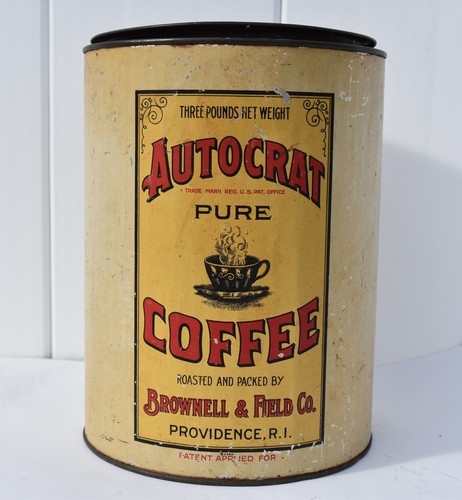 LARGE EARLY ADVERTISING AUTOCRAT COFFEE/RICE TIN CAN PROVIDENCE, RI