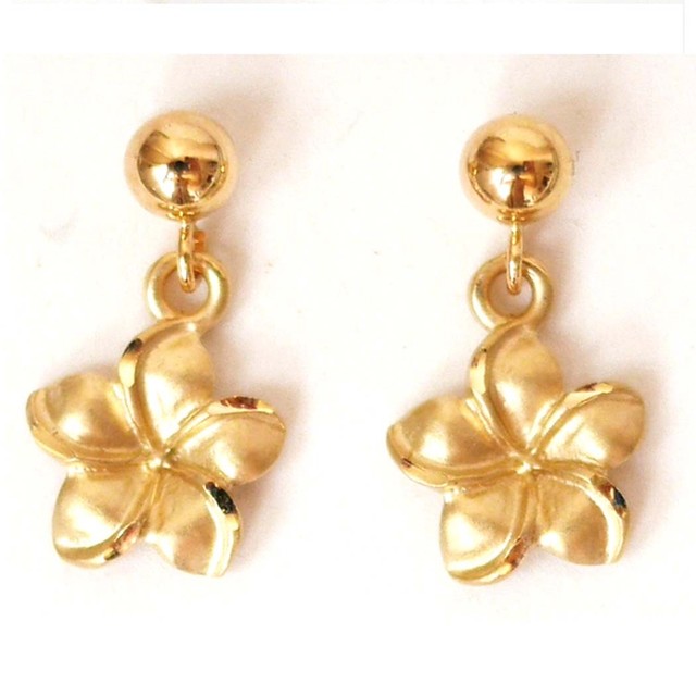 14K Solid Yellow Gold Hawaiian Plumeria Flower Earring W 9 mm L 16 mm
