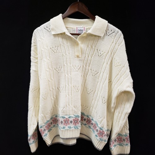 Vintage Cricket Lane Womens Floral Collared Sweater Size XXL Ivory Cottagecore