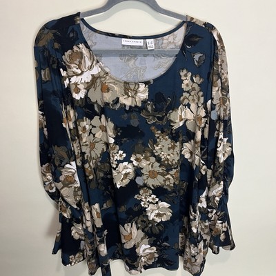 Susan Graver Tunic Top Womens Plus 3X Floral Print Blue Beige Bell Sleeve Boho