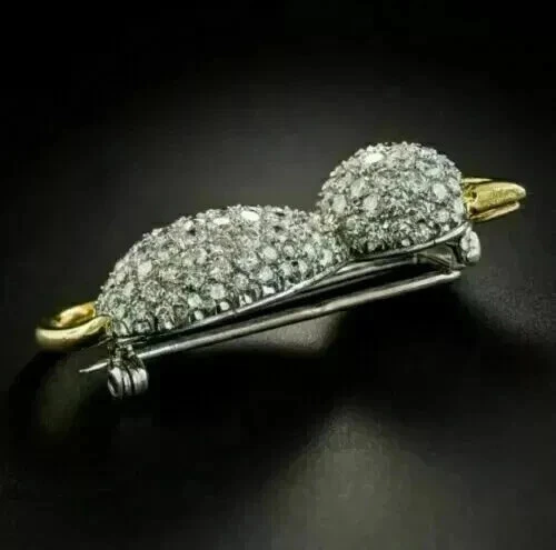 Broche broche gato Moissanite real 2 quilates corte redondo 14K dos tonos chapado en oro plateado Foto 3 de 4