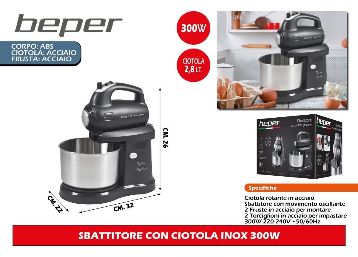 Beper Sbattitore elettrico Mixer a Ciotola Potenza 300 watt Nero 90.347 CS