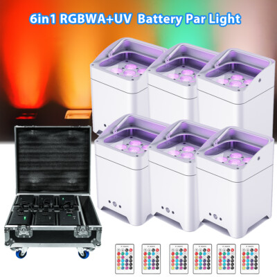 6PCS WIRELESS LED 6x18W RGBWA+UV Par DJ Lights Uplighting Battery App DMX & Case