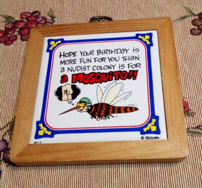 Vintage Contenova Tile Trivet Wood Framed Birthday Fun Nudist Colony Mosquito 