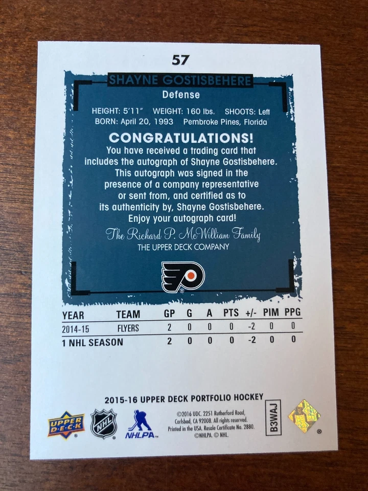 2015-16 Upper Deck Auto Shayne Gostisbehere Rookie Autograph - Image 2 of 2