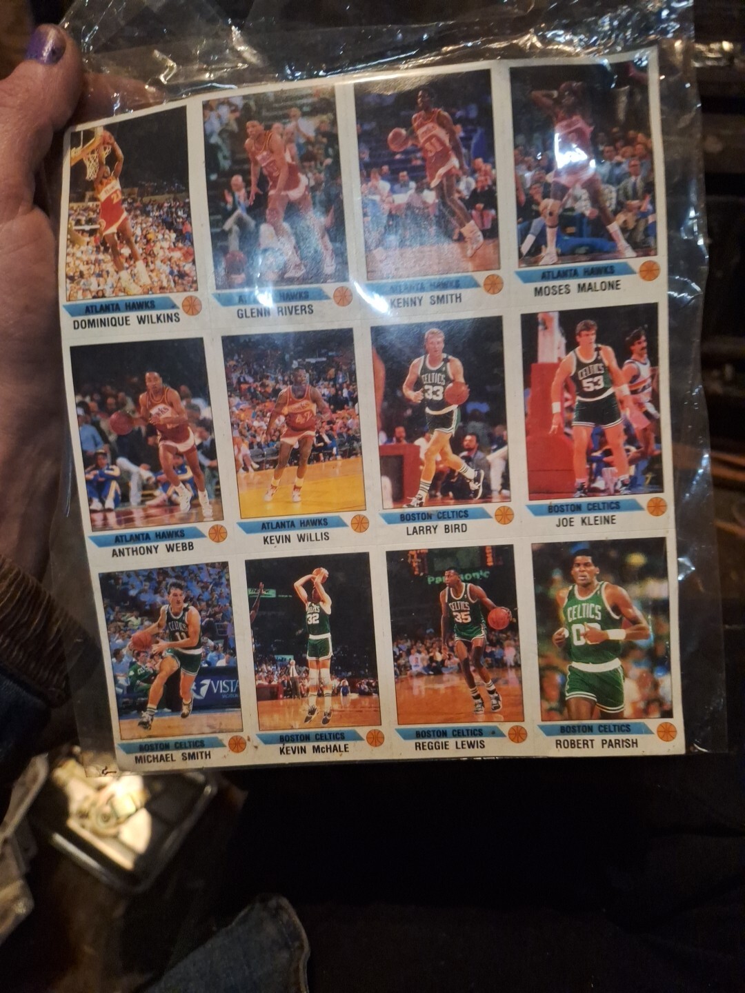 Hoja de 12 tarjetas pegatinas Panini 1990-91 con larry bird, mchale, parroquia, malone