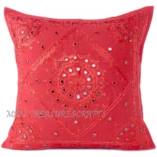 Red Boho Throw Pillow Cover with Mirrors Handmade Bohemian Accent Cushion