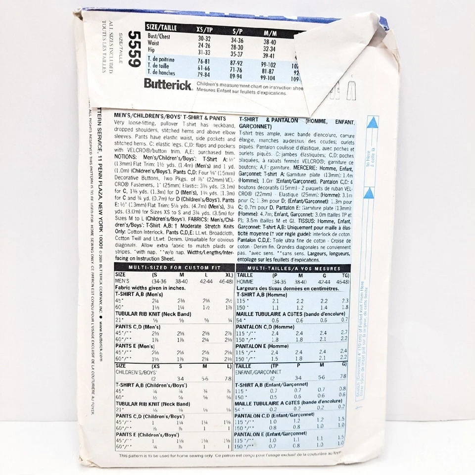 Butterick Sewing Pattern 5559 Mens Boys T-Shirt Pants DIY Easy All Sizes Casual - Image 3 of 4