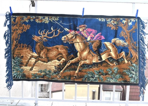 Vtg 41" x 21" Velvet Plush Wall Rug Carpet Tapestry Blanket Deer MCM European