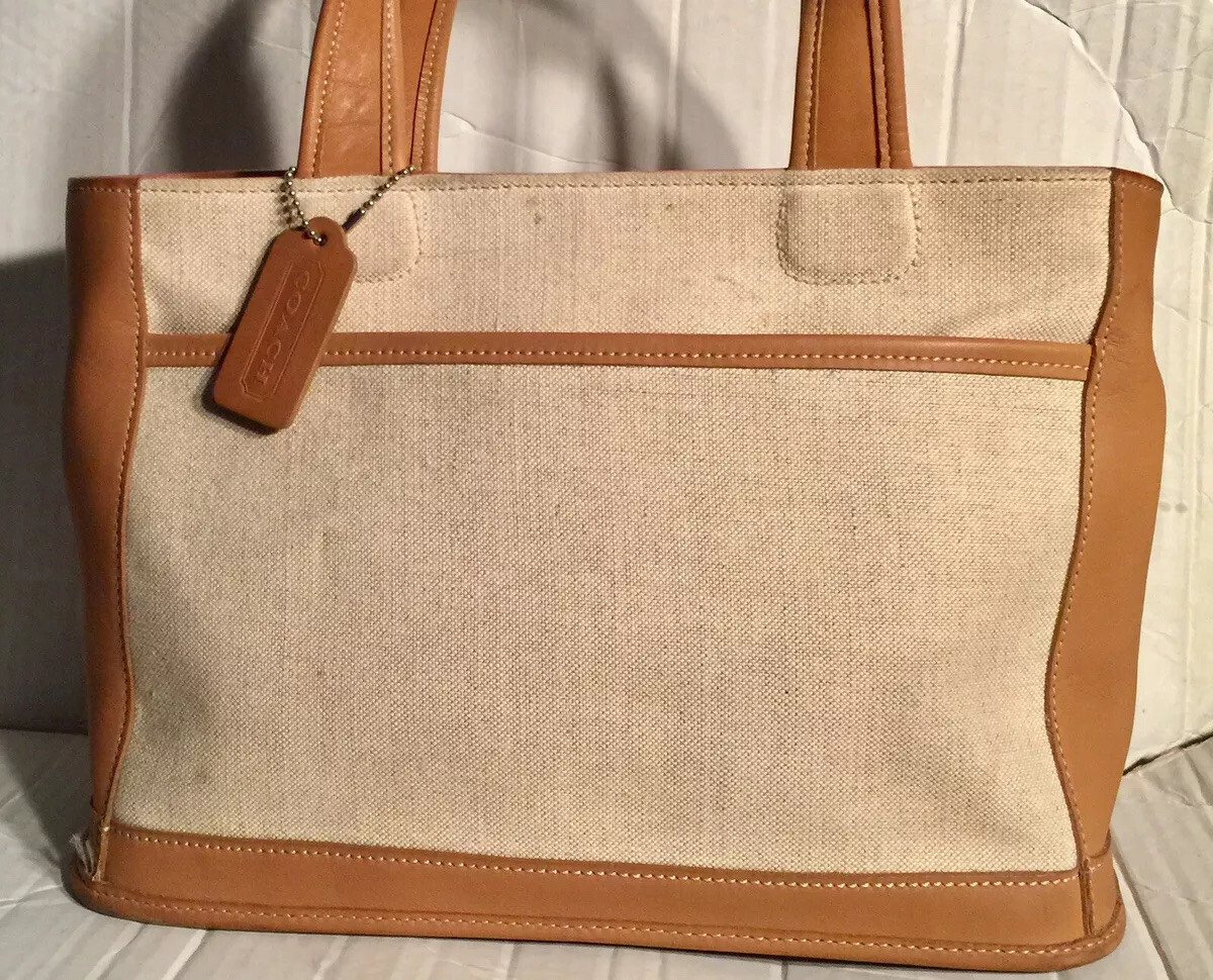 Coach ブラウン ロゴトートバッグ SMALL COACH SATCHEL TOTE HANDBAG CANVAS BROWN LEATHER TRIM