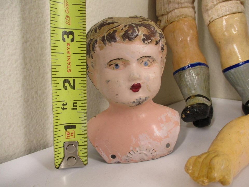 24" Antique Papier Mache Head Doll + German Minerva Tin Head PARTS