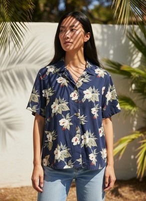 Havana Jacks Cafe Womens Hawaiian Button-Up Shirt 1X Tropical Floral Rayon Navy