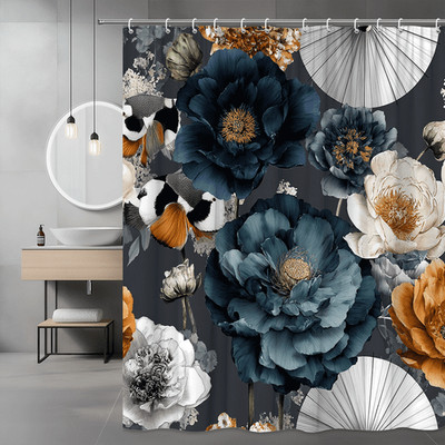 Floral Shower Curtain Navy Blue White Orange Flower Print