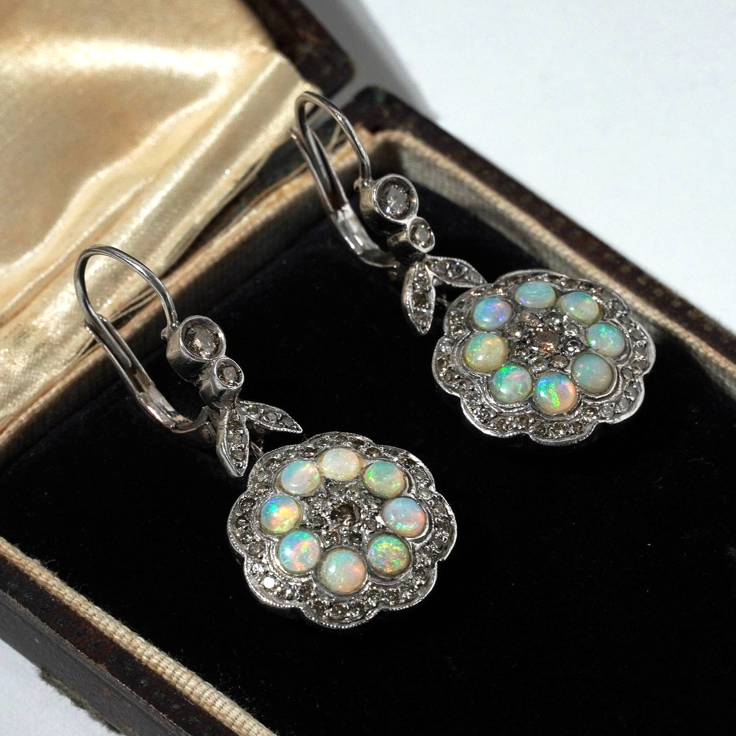 Vintage Solid Opal Diamond Flower Drop Earrings 9… - image 2