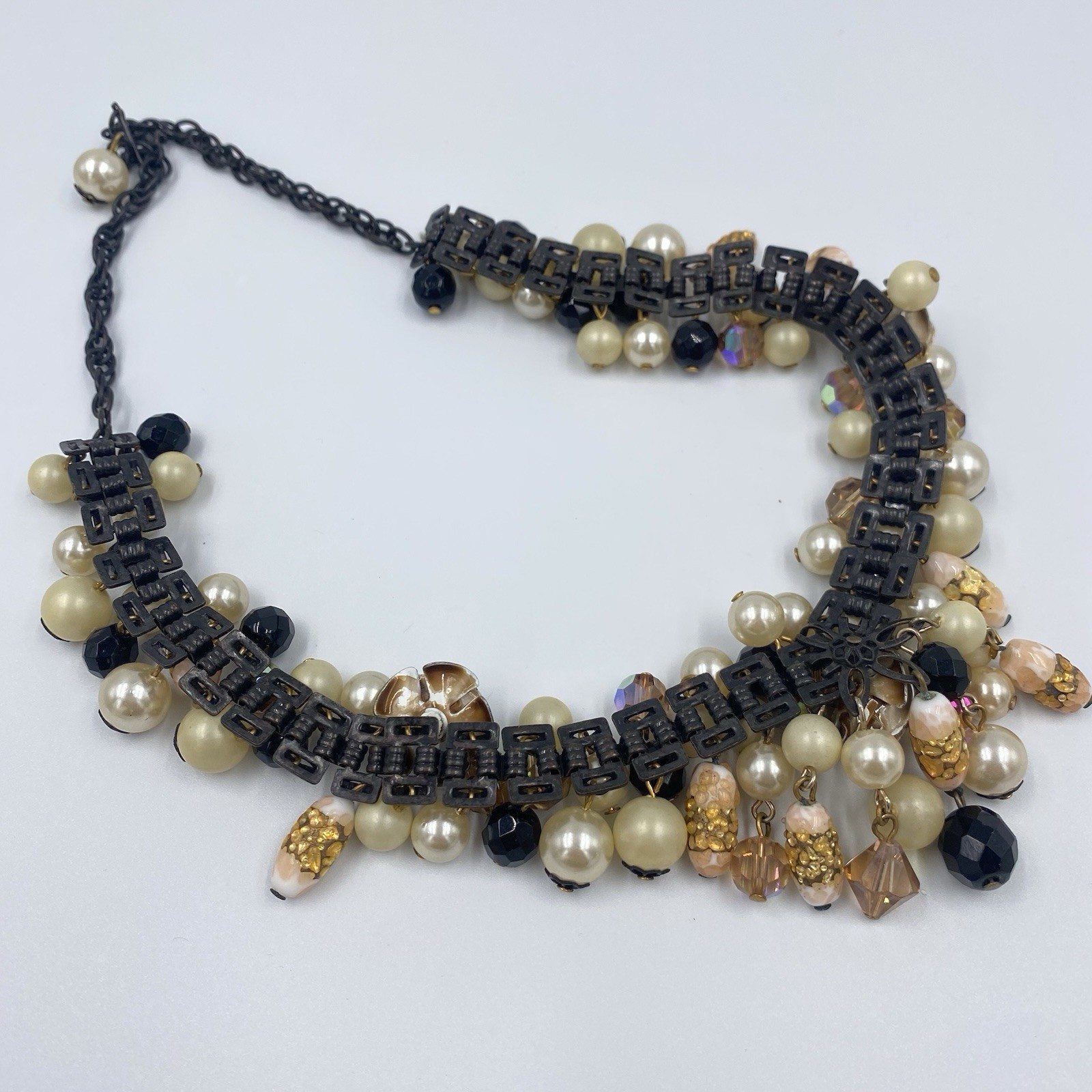 Unsigned Vintage Statement Necklace With Faux Pea… - image 4