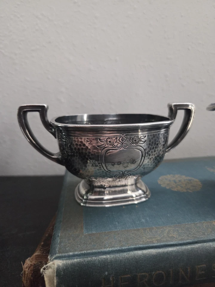 Juego de azúcar y crema Reed & Barton 185 plateado martillado floral Art Nouveau Foto 2 de 4