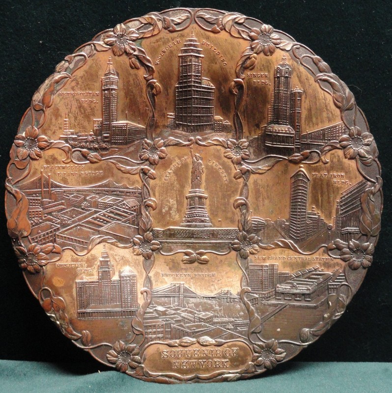 1910s New York City Metal Souvenir 7-1/4” Plate Floral Rim & old Landmarks  LOOK