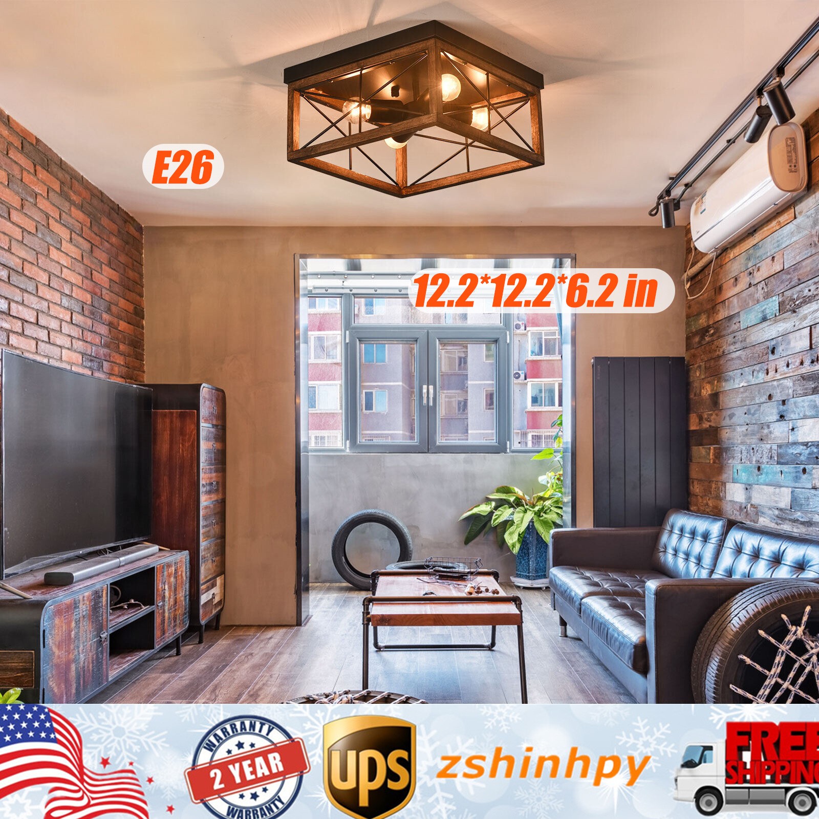 4-Light Farmhouse Flush Mount Light Fixture Rustic Industrial Ceiling Light USA