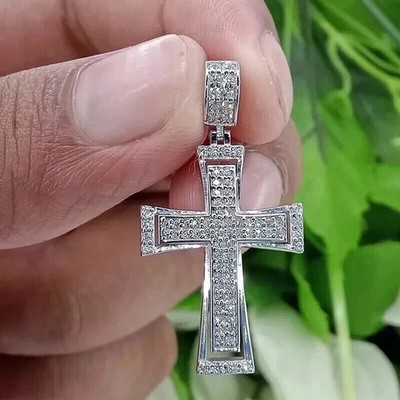 2.20 CTW Round Cut Real Moissanite Cross Pendant No/Chain 14K White Gold Plated