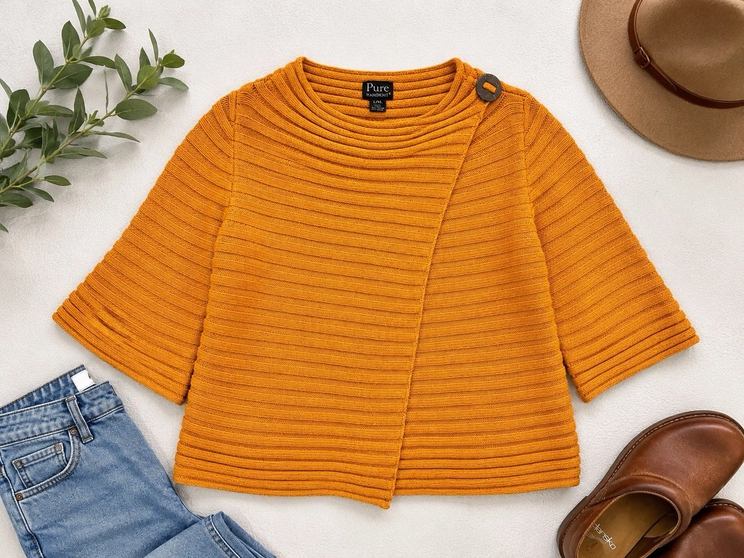 Pure Handknit Mustard Cotton Rib Knit Poncho Sweater Boho Lagenlook Art D92
