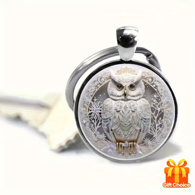 1PC White Owl Glass Alloy Key Chain, Time Gem Key Chain, Bag Pendant, Birthday G