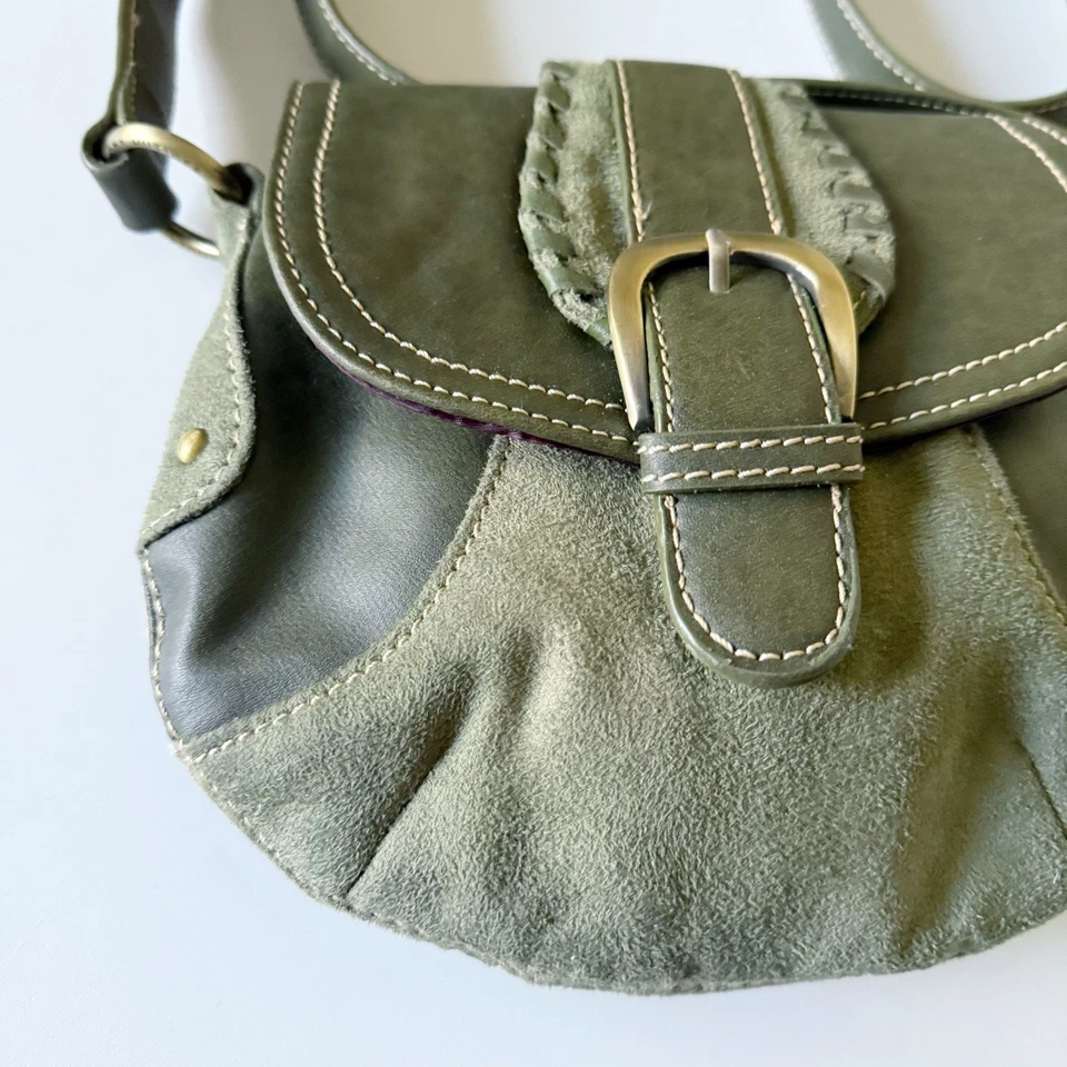 Vintage Y2K Olive Green Faux Suede Buckle Flap Shoulder Bag Crossbody Purse - Image 2 of 4