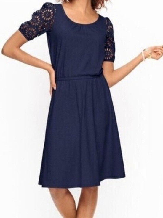 Talbots eyelet  dress slub cotton modal blend navy size Medium