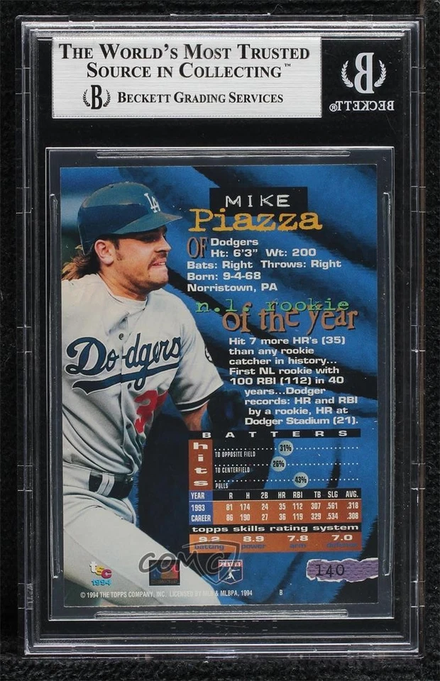 1994 Topps Stadium Club Golden Rainbow Mike Piazza #140 BGS 9 MINT HOF - Image 2 of 2