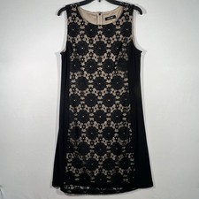 Nine West Cocktail Dress Black Lace Overlay Beige Lining Slimming Panels Size 12