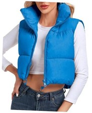 Women's Cropped Puffer Vest Sleeveless High Stand Collar Crop X-Small Blue