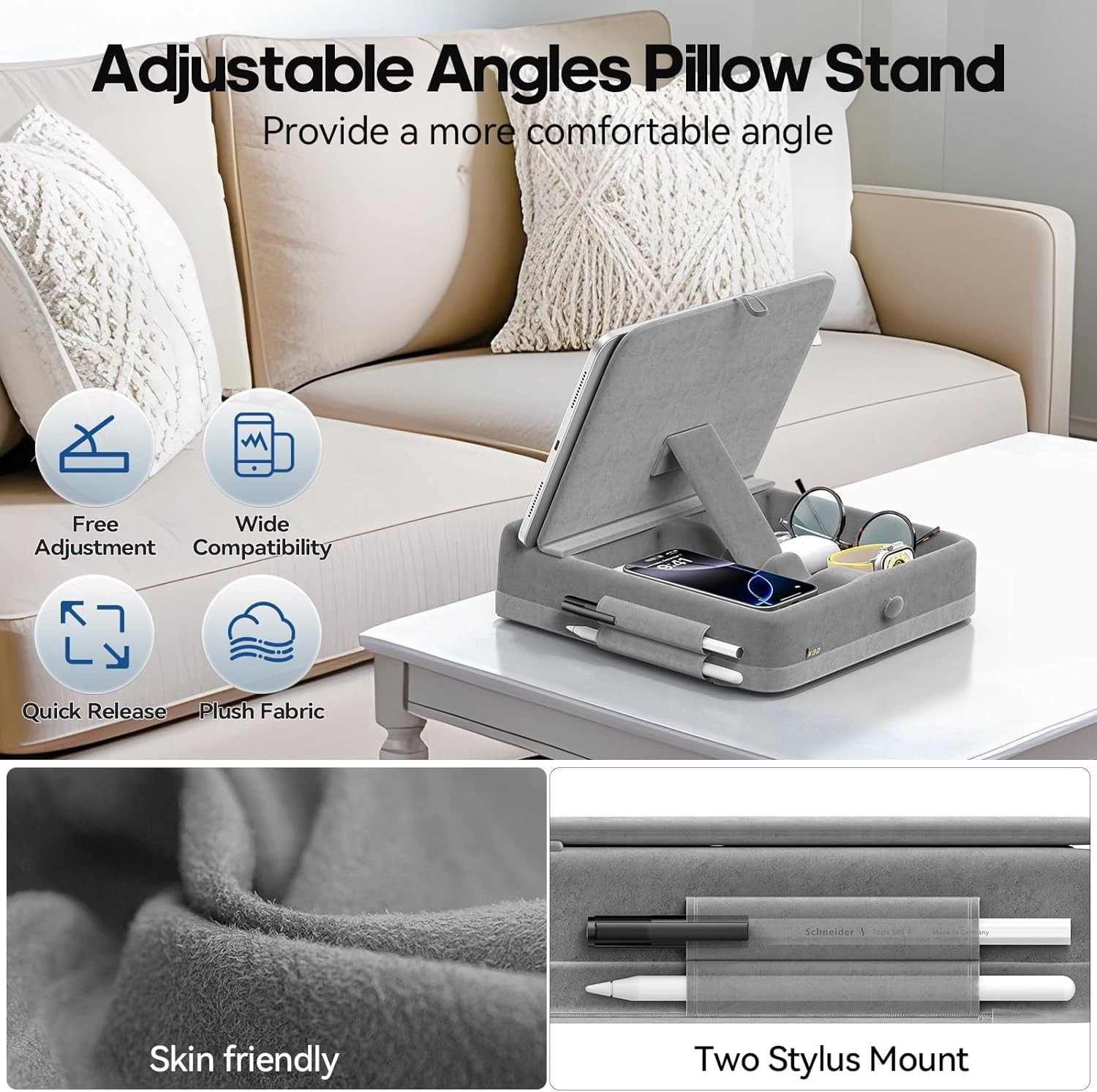 KDD Tablet Pillow Stand with Storage, Foldable Ipad Holder for Light Grey