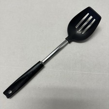 Vintage EKCO 12" Slotted Spoon Stainless Black Plastic Handle