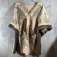 SundayUp Tunic Dress Women's Size M Beige /Green Embroidered Boho Hippie Flowy