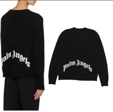 Palm Angels Rec Logo Size Medium Sweater Black Crewneck Long Sleeve Wool Blend
