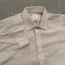 Brooks Brothers Mens 17 34/35 Regular Fit Non-Iron Striped Dress Shirt Red Blue