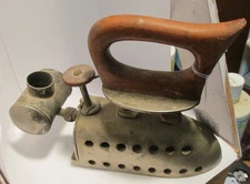 antique gas heated sad iron wood handle 8" long 6" tall heavy steel  stainless