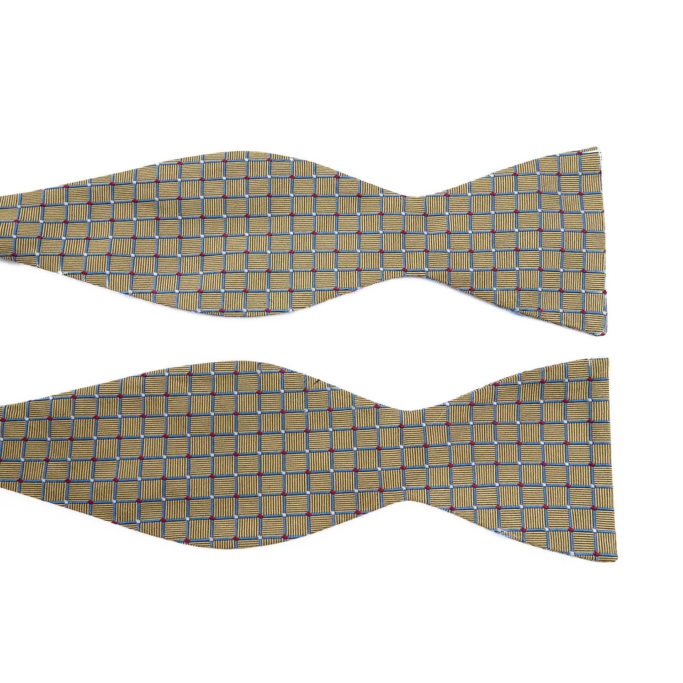 Saddlebred Bow Tie Gold Blue Check Silk Self Tie Adjustable - Image 3 of 4