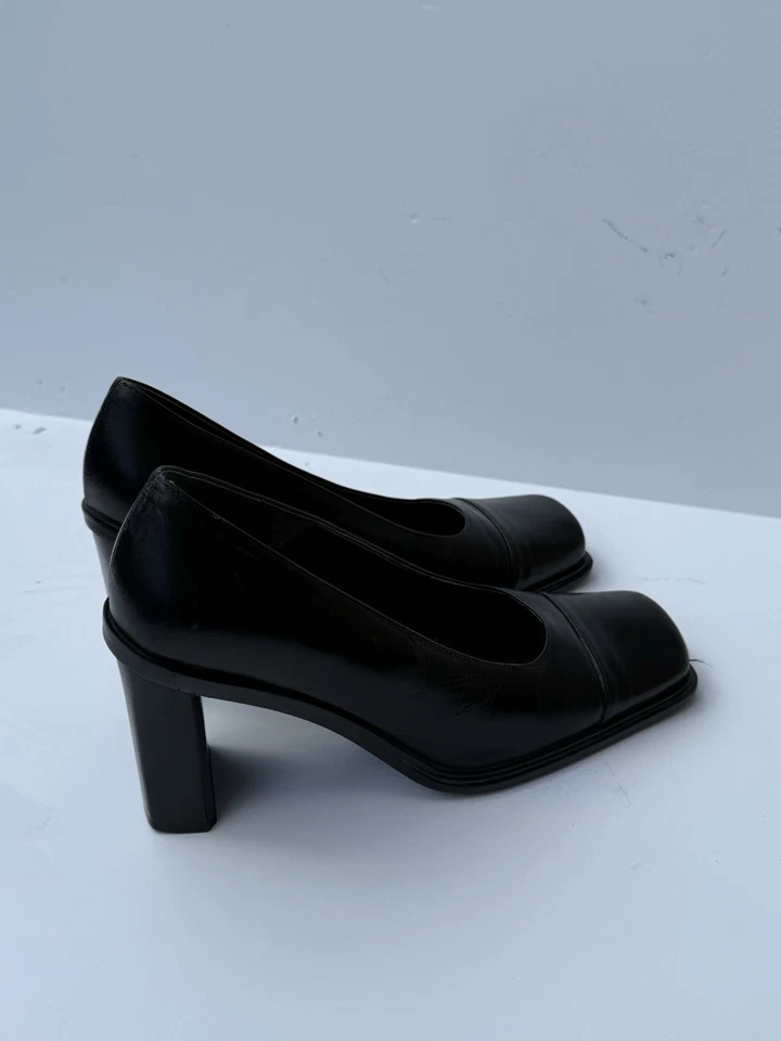 Tacón alto de cuero negro Aldo punta cuadrada medio bloque tacón de 4" talla 37 Foto 4 de 4