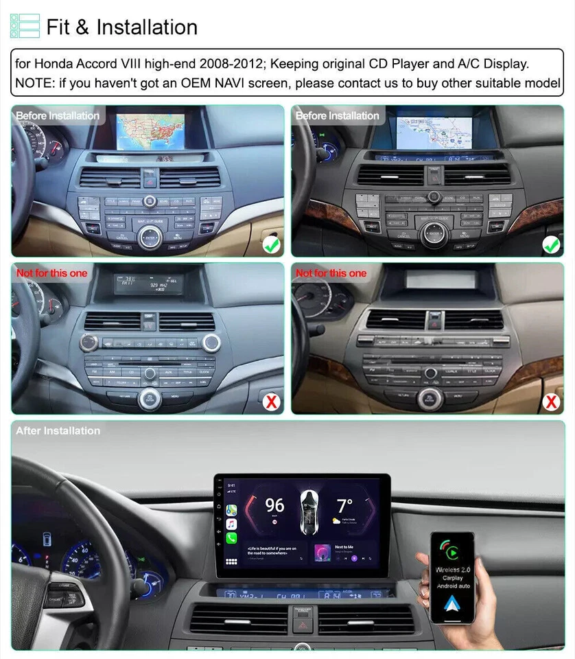 10" For Honda Accord Radio 8 Upgrade 2008-2013 Carplay er Android Ready +Camera Foto 2 de 4