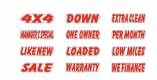 CAR DEALER  NEW WINDOW ADVERTISE DIE CUT SLOGANS STICKERS in RED WHITE