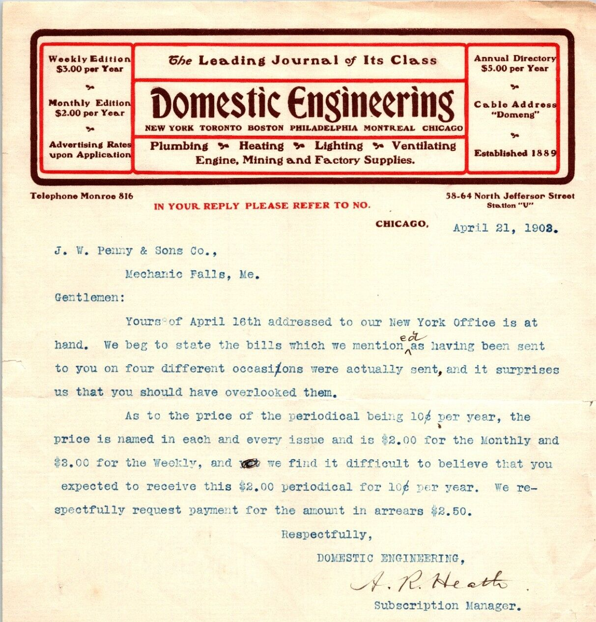 1902 Chicago Domestic Engineering Journal Letterhead Vintage IL-image