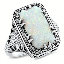 DECO ANTIQUE STYLE 925 SOLID STERLING SILVER LAB OPAL FILIGREE RING         #628
