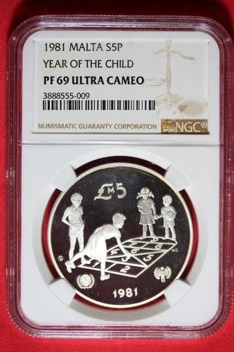 1981 NGC PROOF 69 Ultra Cameo Malta Year of the Child 5 Lire Silver Coin #B6451