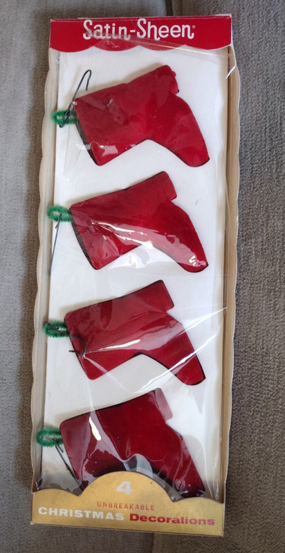 Vtg Flocked Santa Boots Christmas Ornament Set Of 4 Red  Satin Sheen