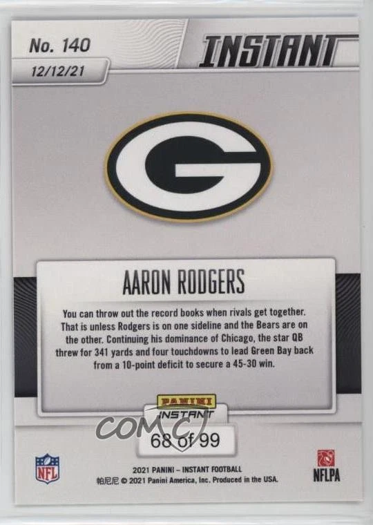2021 Panini Instant NFL Red /99 Aaron Rodgers #140 - Image 2 of 2