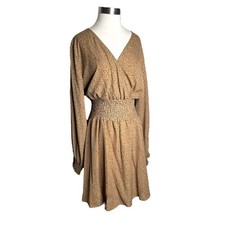 Shein Curve Long Sleeve V-Neck Dress Smocked Waist Tan W/Black Spots Size 1XL